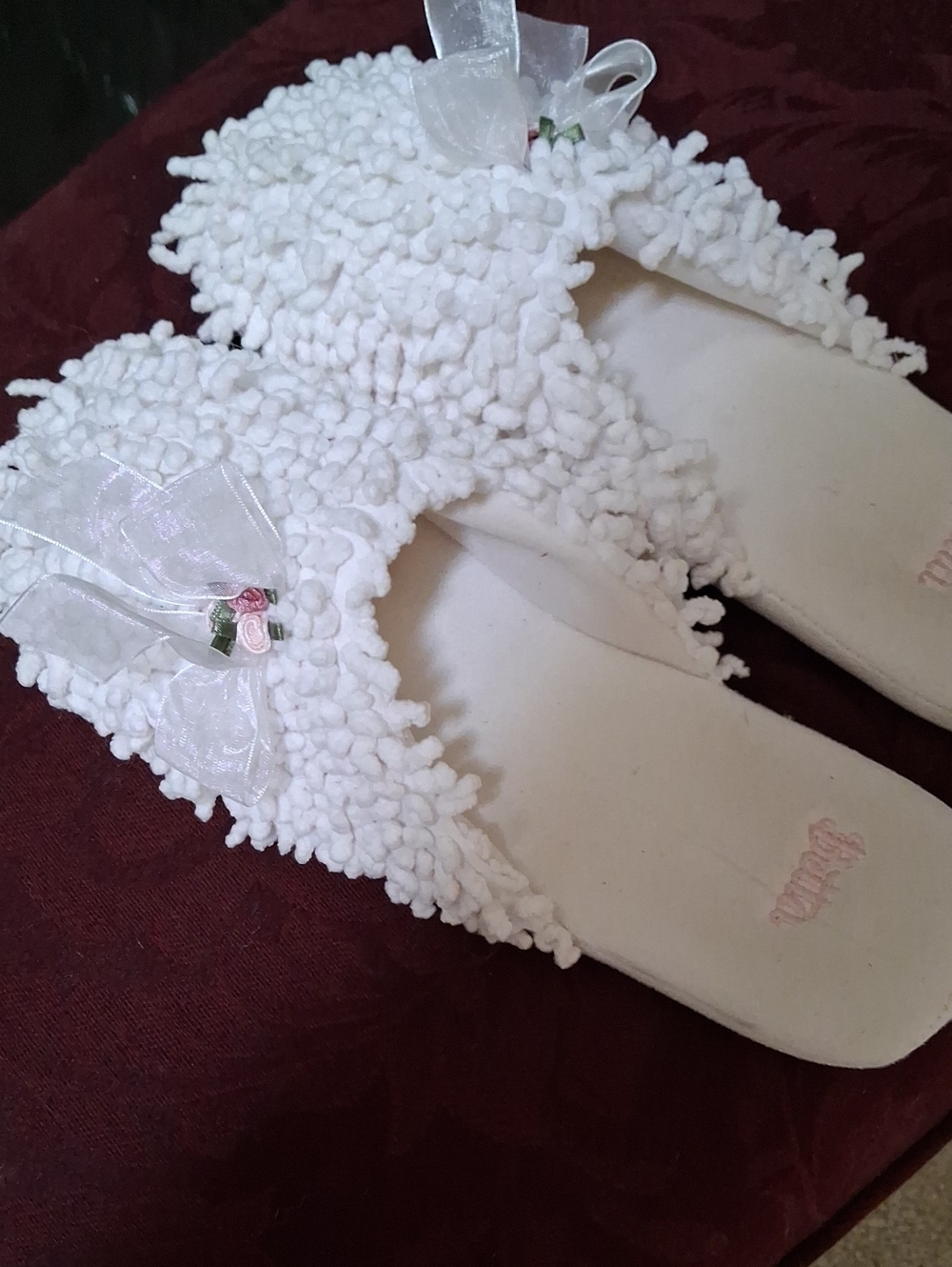 NEW! Women's White Bouclé Slide Slippers with Sheer Ribbon Accent